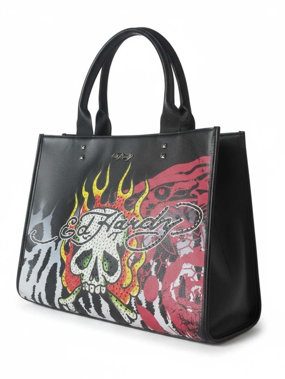 Rare Ed Hardy Black Graphic Tote Bag with Flame Skull Print
